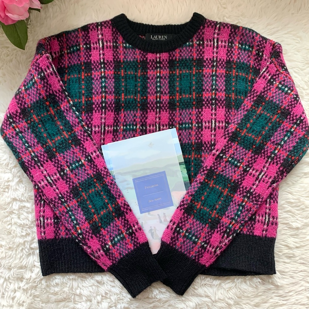 Ralph Lauren Black Label Pink Multi Plaid Wool Alpaca Cropped Sweater MED